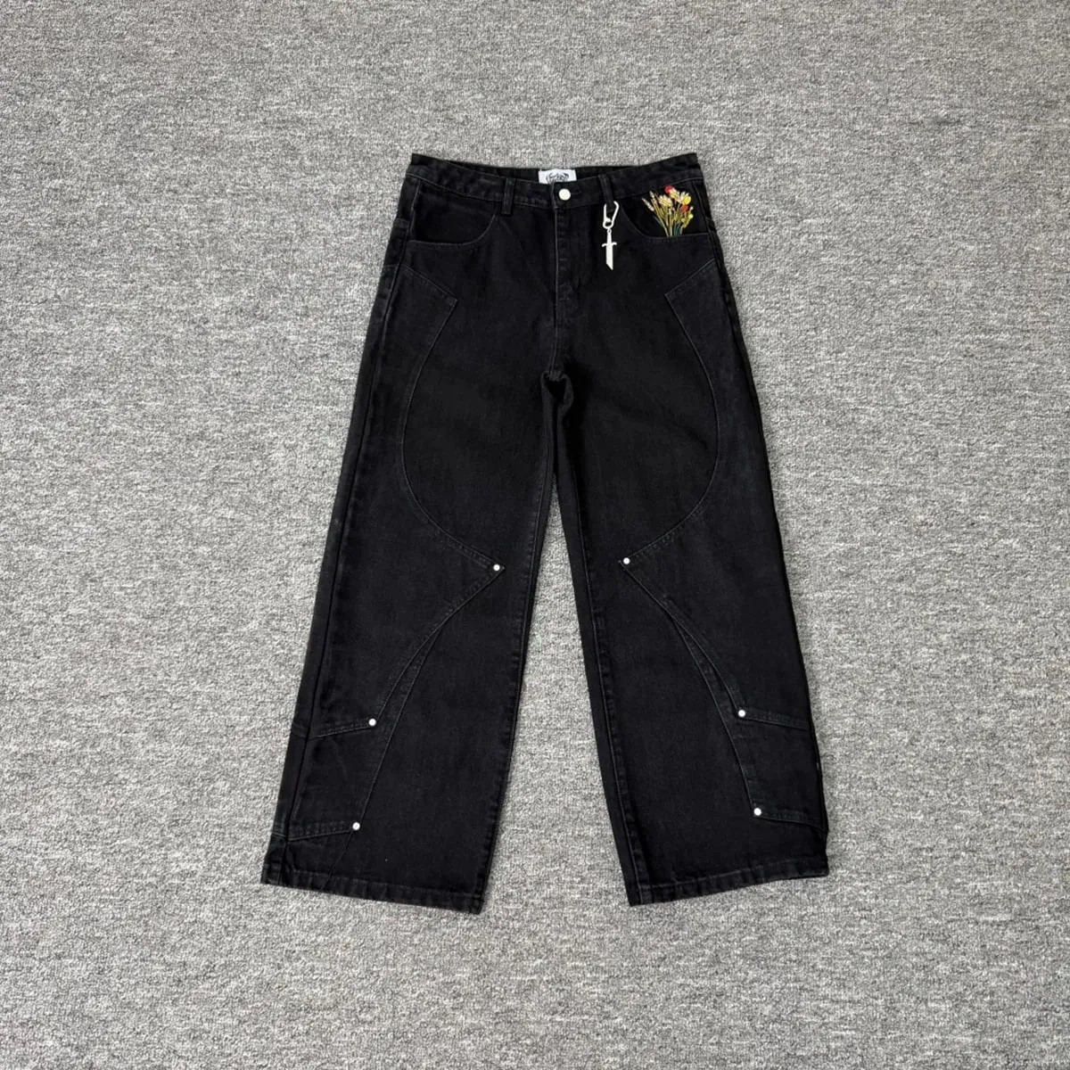 Streetwear Floral Embroidery Washed Baggy Jeans Pants for Men and Women Straight Casual Loose Denim Trousers Oversized