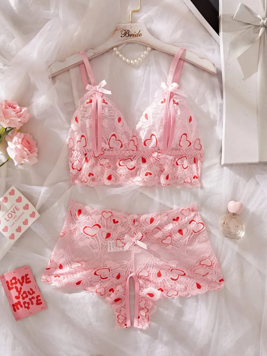 Sexy Strap Lingerie Set Women Bra And Panty Lace Heart Print Hollow Out Open Crotch Bras Panties Intimate Wear Clothing