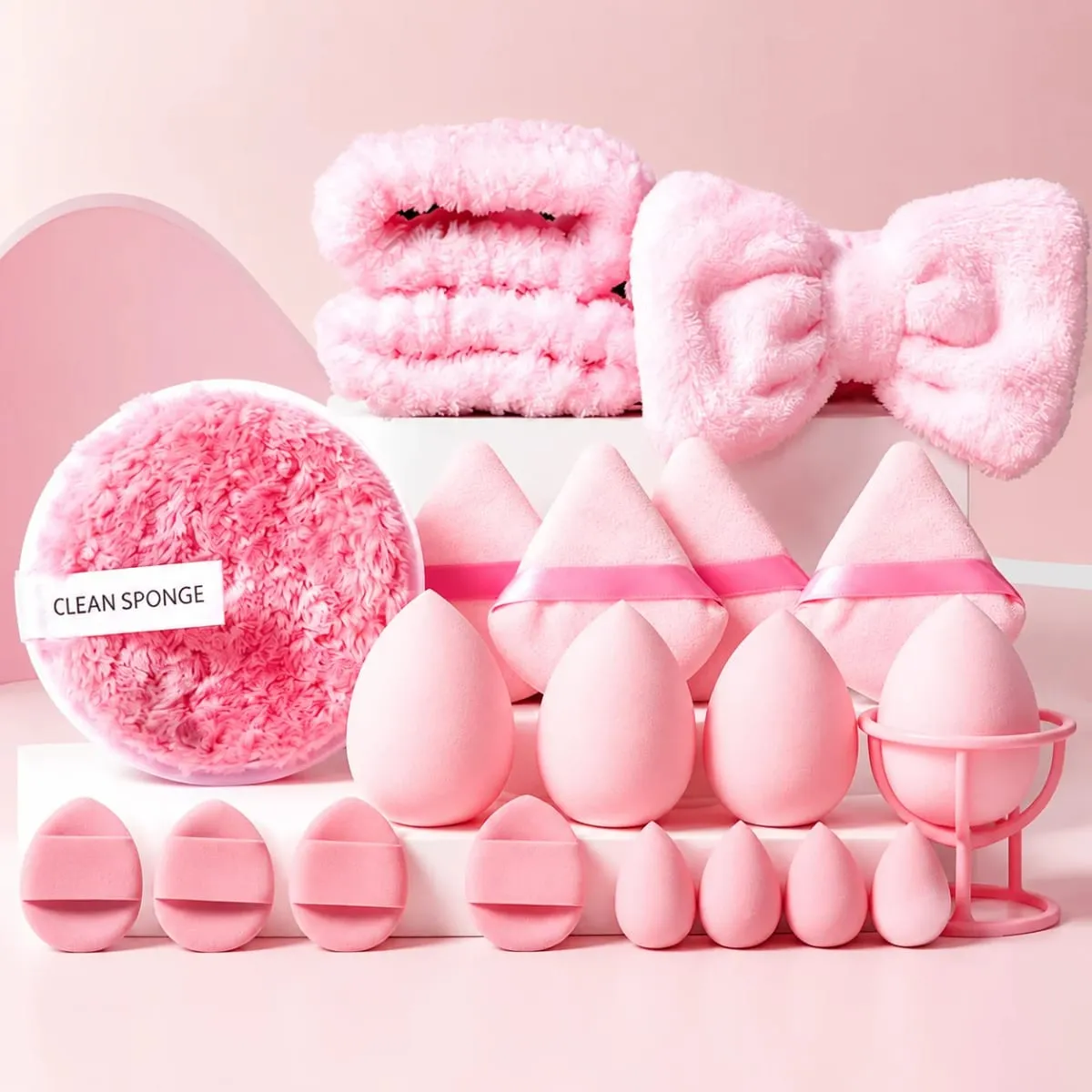 20Pcs Makeup Sponge Set Makeup Blender Triangle Powder Puff Mini Concealer Sponge Face Clean Wash Puff Headband Kit — image 1