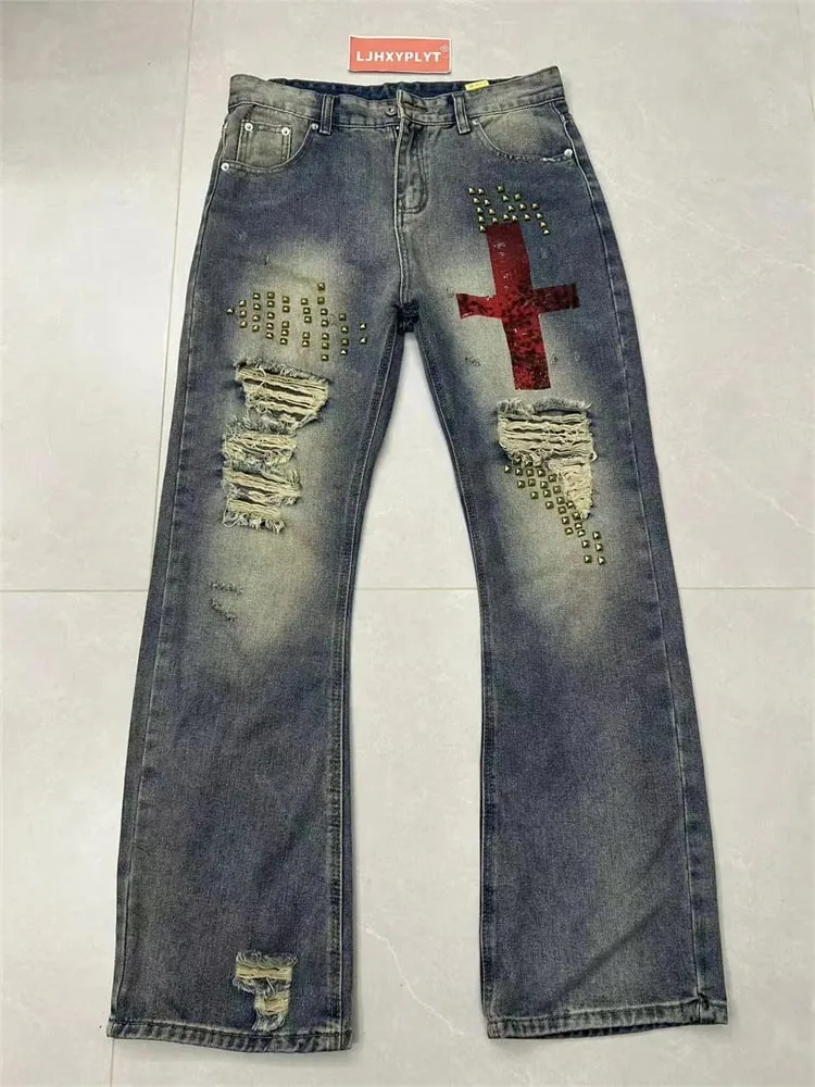 Men's Rivet Hole Design Street Retro Jeans Casual Pant Vintage Boys Straight Unisex Sweatpants Male High Waist Wide Leg Trousers
