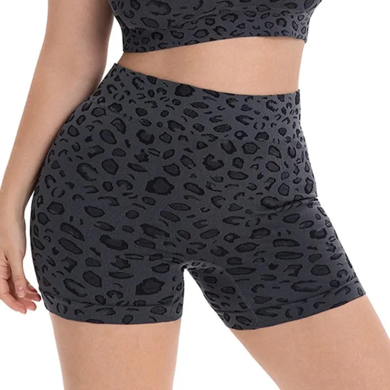 Women Plus Size Leopard Print Workout Set High Waist Tummy Control Shorts Padded Racerback Sports Bra 2PCS Gym Yoga Running Wear