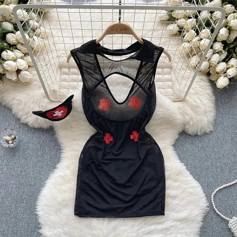 Woman Embroidery Floral Mesh Fashion Sexy Dress Chinese Style Short Sleeve Split Hollow Out Cheongsam New Gauze Sheer Dress