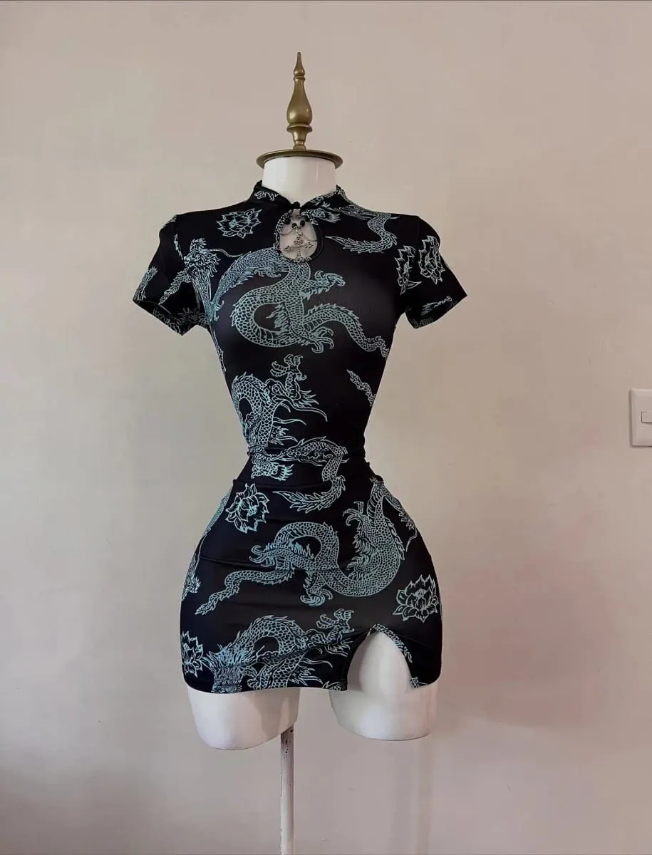 National Trend Style Dragon Pattern Improved Cheongsam Short-Sleeved Stand-Up Collar with Buttoned Sexy Slit Short Skirt