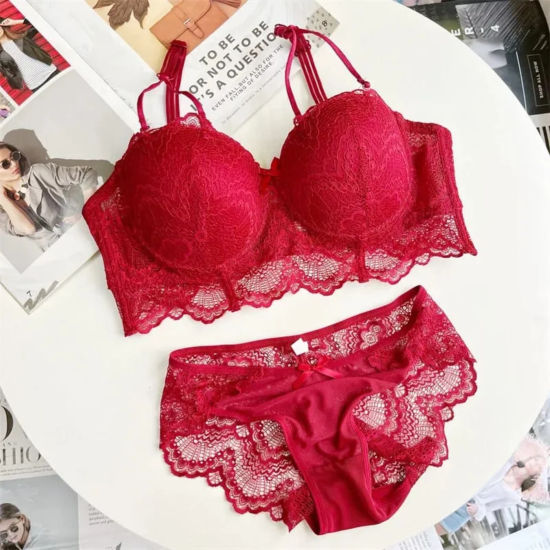 Plus Size Womens Lace Bra and Panty Set Push Up Supportive Full Coverage Side Smoothing Lingerie Underwear for Curvy Women Daily