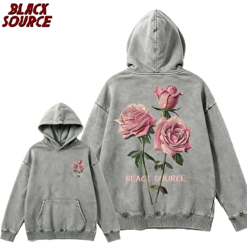 MP630 Hip Hop Men's Streetwear Retro Vintage Washed Anime Graphic Hoodie, Harajuku Casual Pullover Sweatshirt, Rose