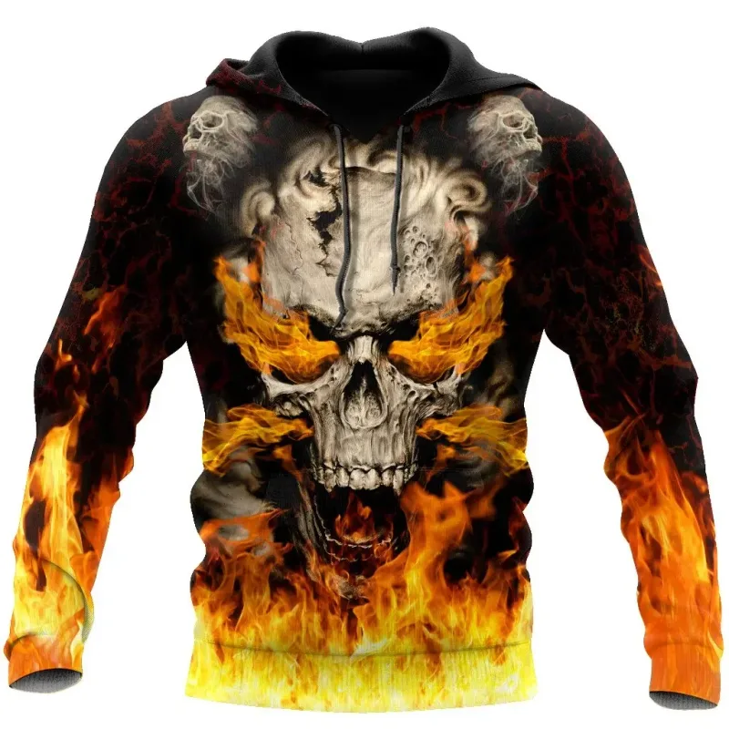 Men Hoodies 3D Print Horror Flaming Skull Graphic Fashion New Style Casual Pullover Personality Oversize Men Clothing Tops