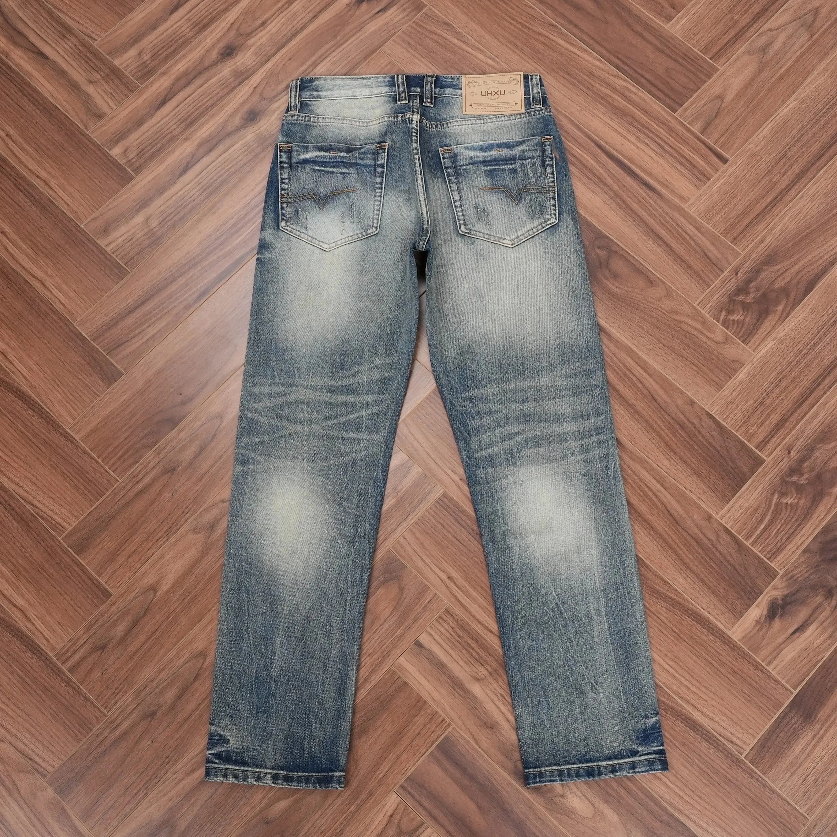 2026 Spring Autumn Men's Distressed Washed Vintage Regular Straight Denim Jeans American Retro Worn-In Look Trendy Style Pants