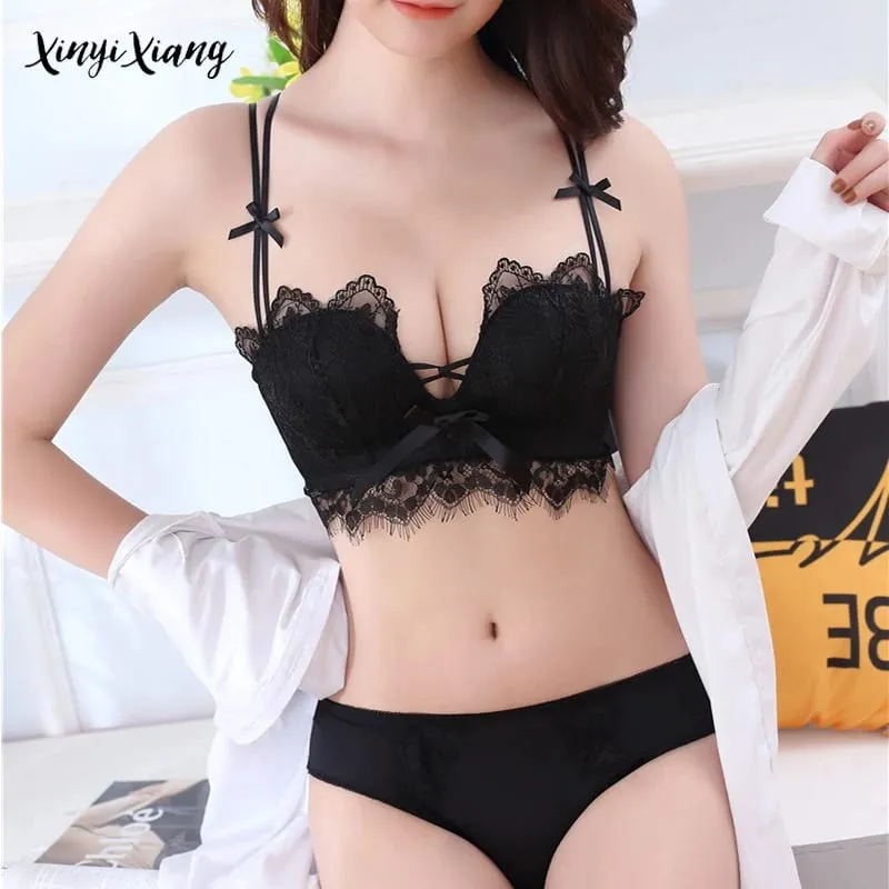 Ensemble de Lingerie Sexy en V profond pour femmes, confort sans fil, Bralette Push Up, soutien-gorge et culotte en dentelle respirante