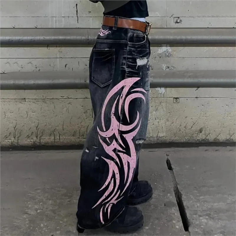Y2K American Vintage Mottled Totem Print Baggy Jeans Women's High Waist Wide Leg Jeans Men Clothing Harajuku Trendy Hip Hop Pant