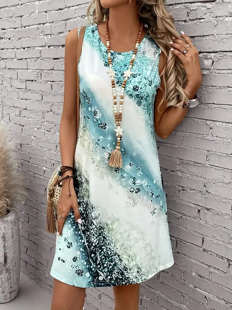 Women's Spring and Summer Elegant Irregular Pattern Fashion Printed Sleeveless Casual Dress
