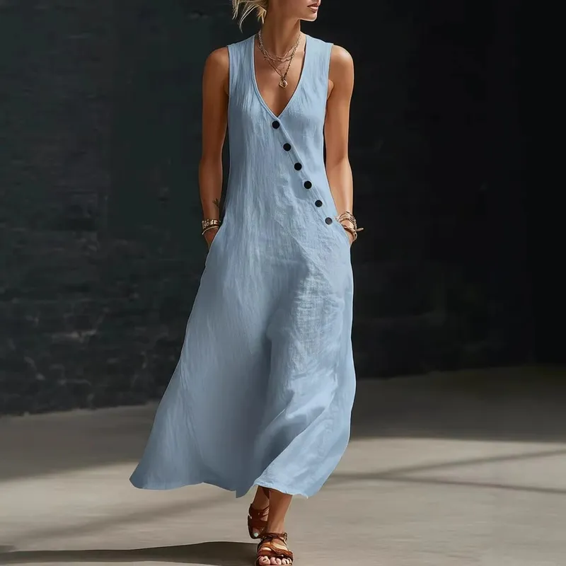 2026 Casual Sleeveless Loose Maxi Dress Women Summer Fashion Solid Color V-neck Holliday Elegant Long Dresses