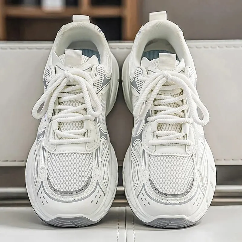 Men Breathable Mesh Dad Shoes Lightweight Casual Sneakers White Gray Daily Street Walking Footwear