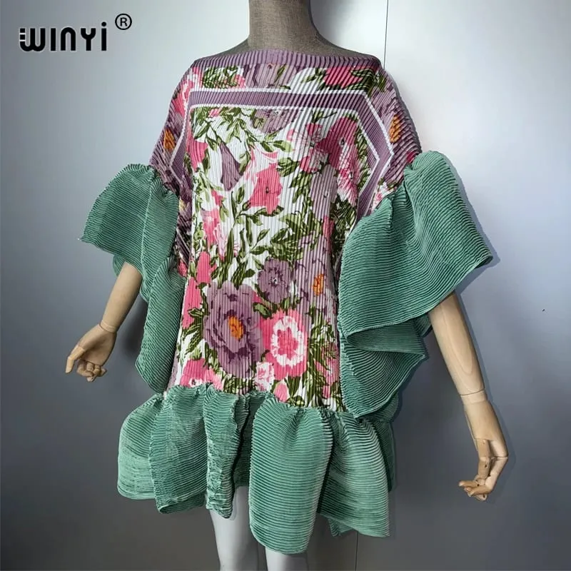 Women's Pleated Elastic Casual Short Dress Beach Cover up Kaftan Abaya Dubai Luxury Evening Wear Muslim Fashion