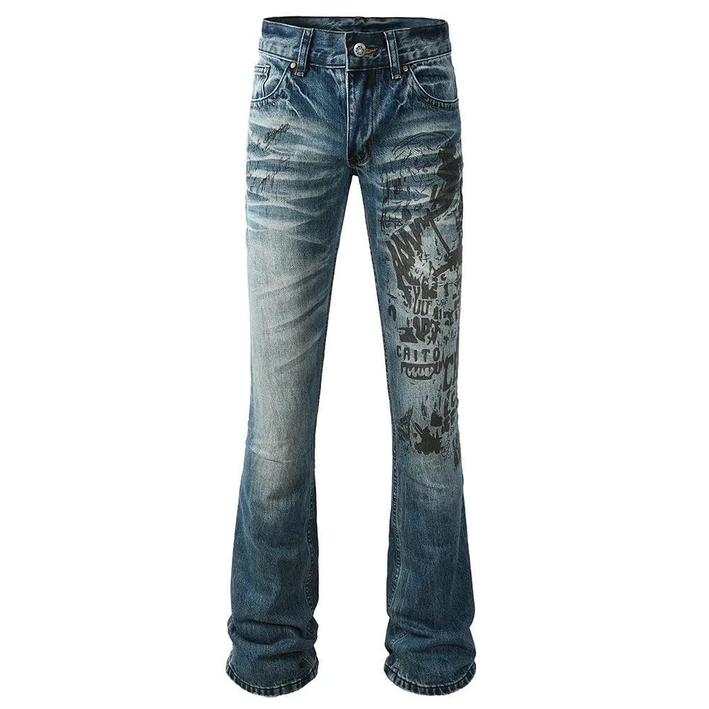 Men's Boot Cut Denim Jeans Slim Flared Pants Blue Stretch Long Trousers High-Quality Pattern Print