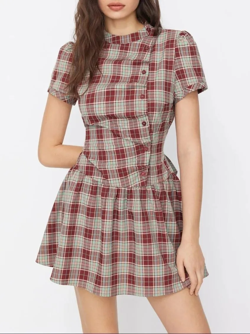 Women's Vintage Plaid A-Line Dress Short Sleeve Stand Collar Button down Pleated Mini Dress Casual Elegant Fashion