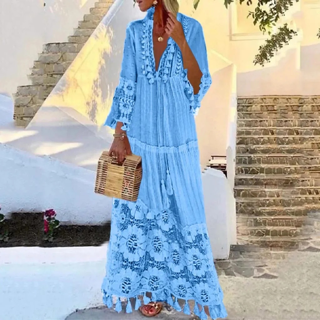Damen Bohemian V-Ausschnitt Quaste Große Größe Freizeitkleid Frauen Spitze Solide Mode Kleid Elegante Robe Boho Urlaub Langes Kleid