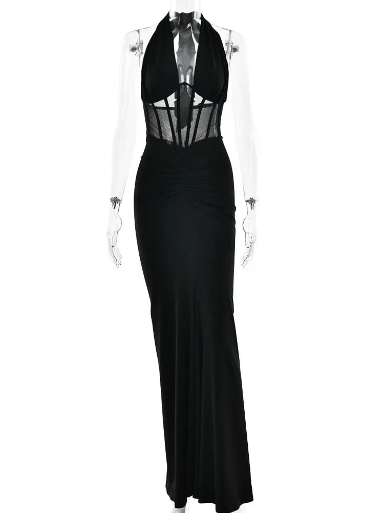 MO Patchwork Sexy Deep V-neck Halter Women Maxi Dress Backless See Through Dress Summer Slim Elegant Party Evening Dress