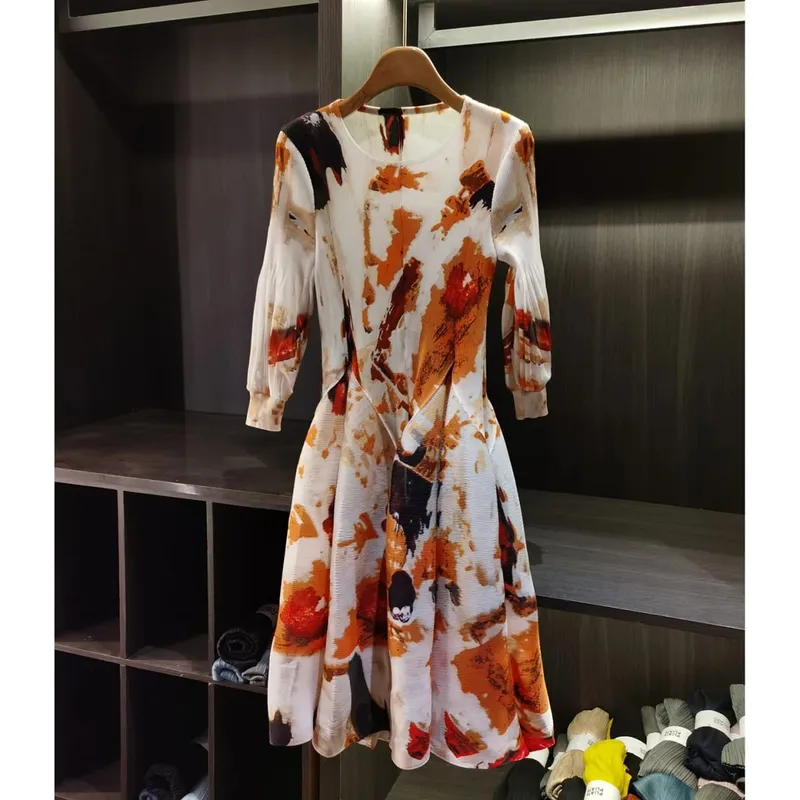 Spring New Oil Painting Print Ruched Dress Women's Beach Vacation Platycodon French Long Dress Fairy Style