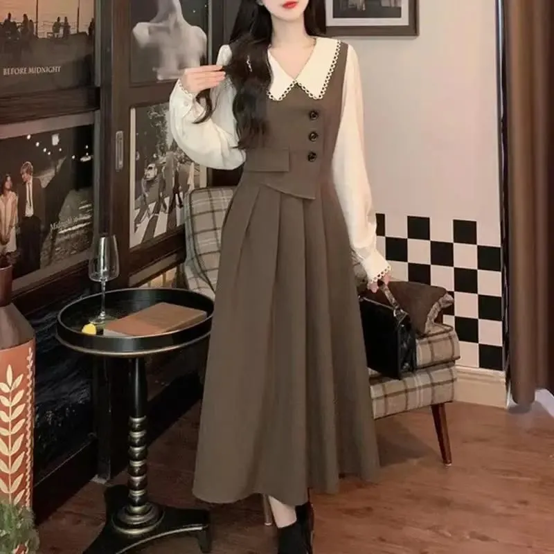 Women Dresses 2026 patchwork fake two-piece long-sleeved baby collar high quality design autumn elegant long dress vestidoes