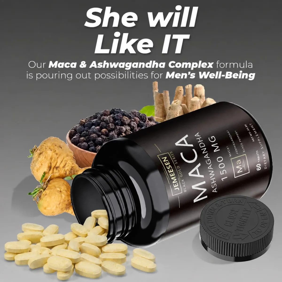 Organic Maca gyökérpor kapszula 1500 mg Maca gyökér kivonatot tartalmazó ashwagandha feketebors-kiegészítő férfiaknak
