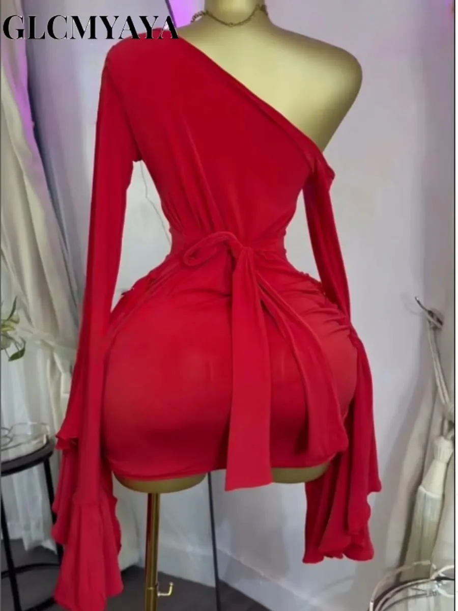 Women Drop Shoulder Flare Sleeve Ruffles Side Bodycon Midi Mini Dress 2026 Birthday Holiday Trendy Dresses Vestidos
