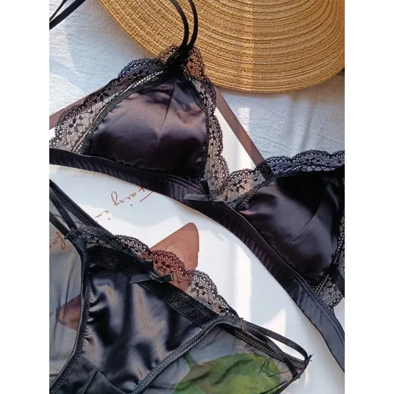 Classic French Bralette Without Underwire Elegant Lace Small Cup Lingerie Fashion Girl 3-Piece Bra Set with Soft Shaped Cup