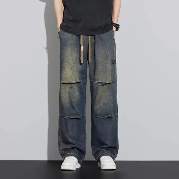 2026 New Japanese Style Textured Grid Men's Jeans Plus Size Loose Straight Vintage Washed Casual Daily Denim Pants