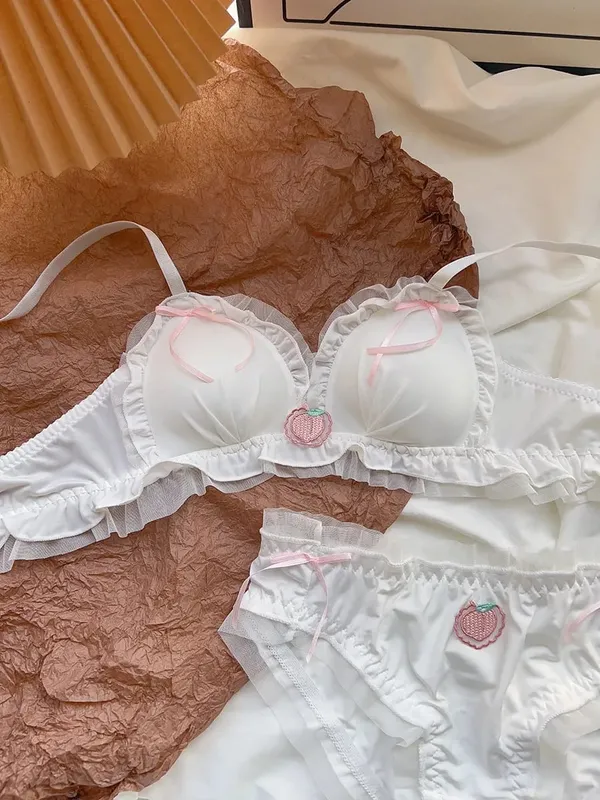 Japanese Kawaii Sweet Lingerie Set French Sheer Mesh Thin Wireless Triangle Cup Bra Panties Set Soft No Underwire 32‑38 Bra Set