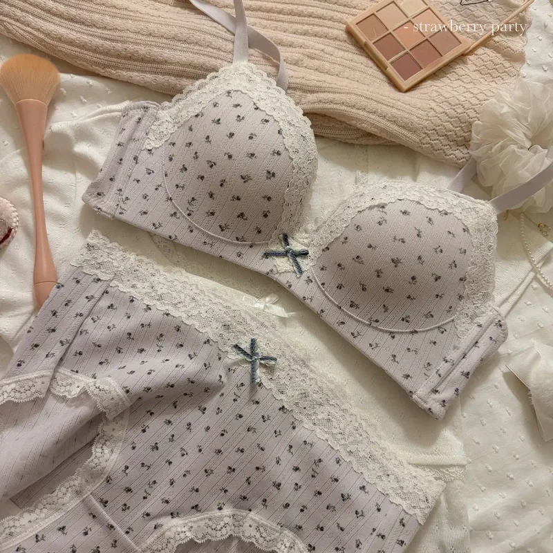 New Bra: Sweet Fashionable And Feminine Lace-Trimmed Floral Lingerie Set for Women with Small Busts—push-Up Wire-Free Bra Set