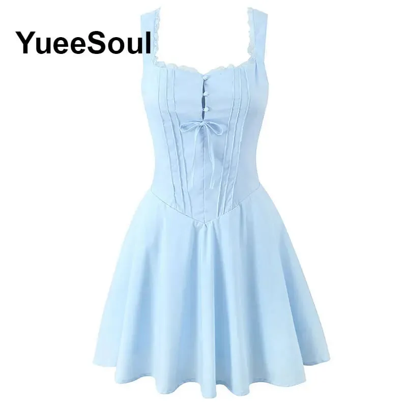 Blue Printed Mini Dress 2026 Summer New Elegant Party Birthday Evening Dresses Y2K Sweet Cute High Street Casual Women Dress