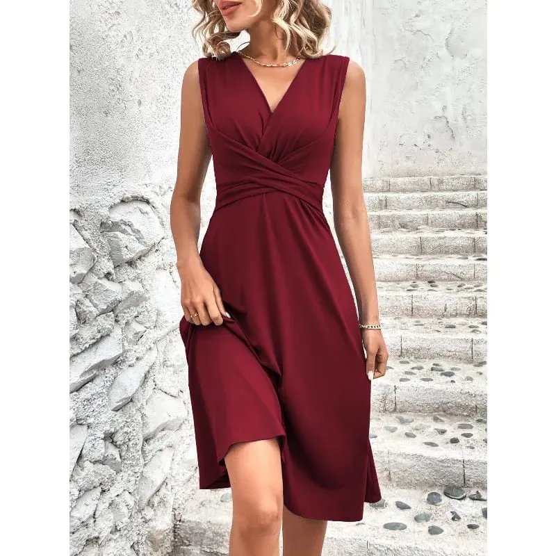 Dresses 2025 Woman Summer Solid Color V-Neck Waist-Tied Cross-Front Pleated Sleeveless Long Dress Woman Clothing Skirts Y2k