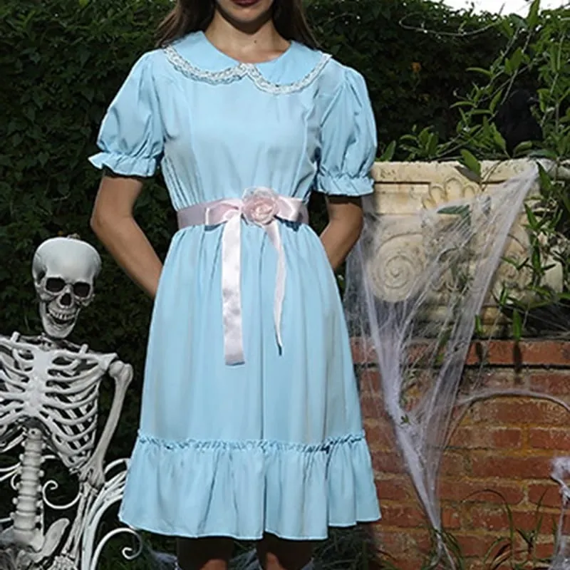 Kawaii Doll Collar Dress Puff Sleeve Tiered Ruffle A-Line Dress dengan Bow Belt for Daily Party Club Lolita Style Fairy Mini Dress