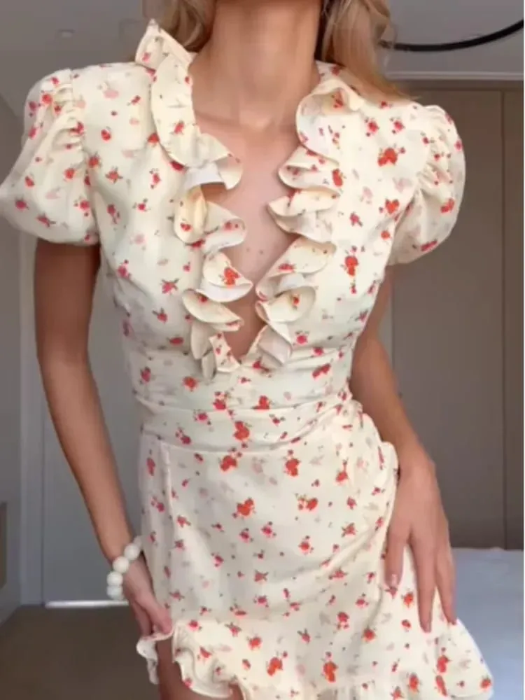 Printed Deep V-neck Short Puff Sleeves Dresses Lady Casual High Waisted Layered Ruffle Hem Mini Dress Spring Party Dating Gowns