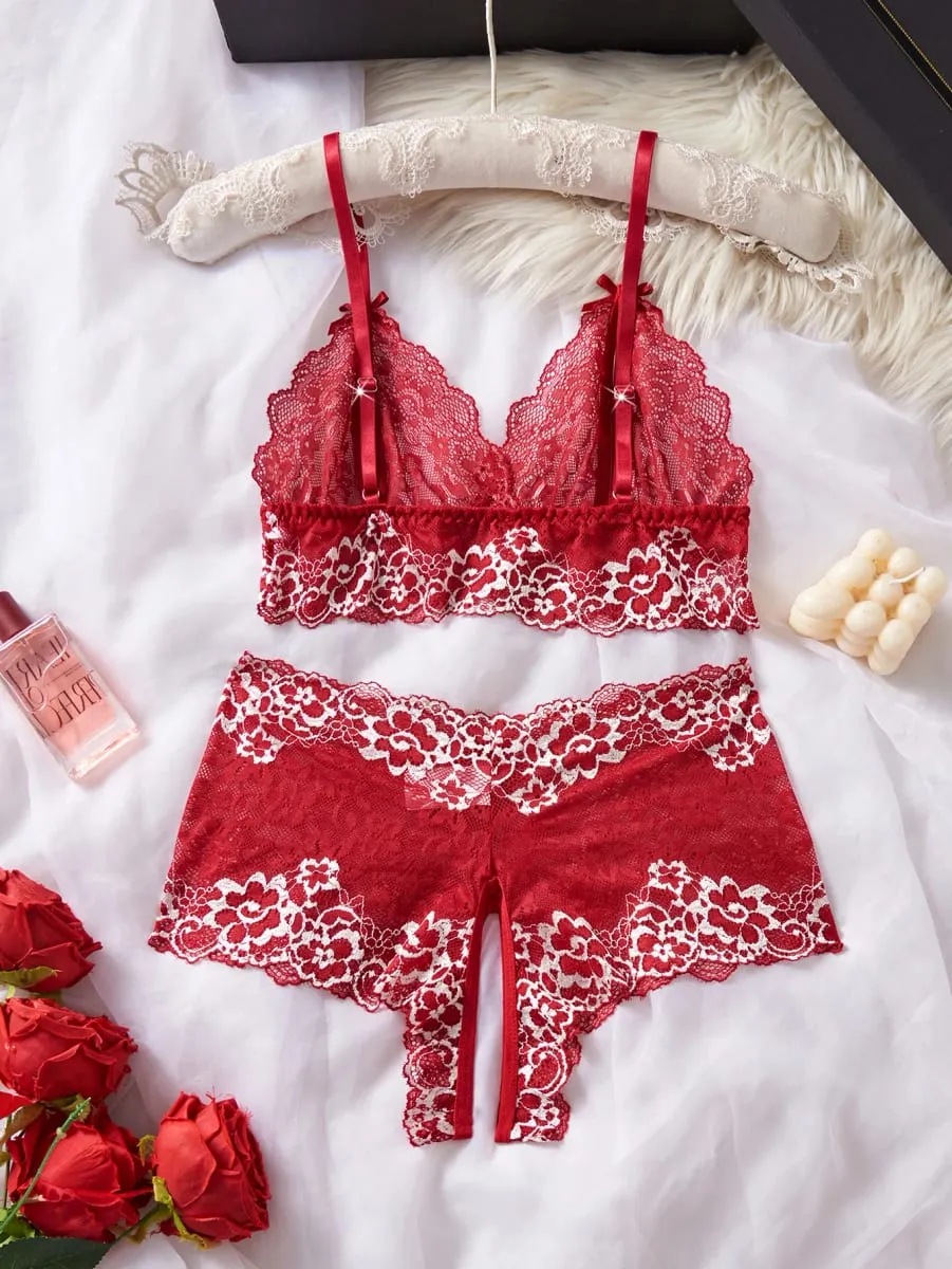 Women RedBra And Panty Set Underwear Lace Trim Sleepwear