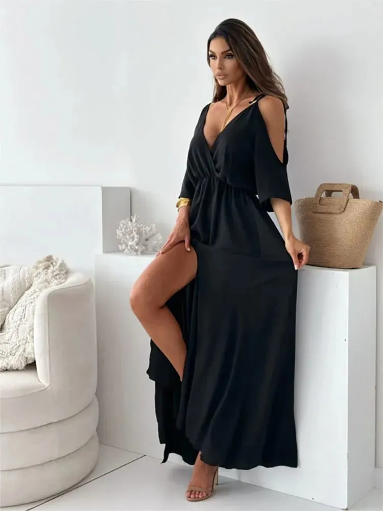 Summer V-neck Skirt Slit Dress Off-shoulder Sleeves Sexy Spaghetti Strap Dress Fashion Elegant Loose Beach Dresses Robe Femme