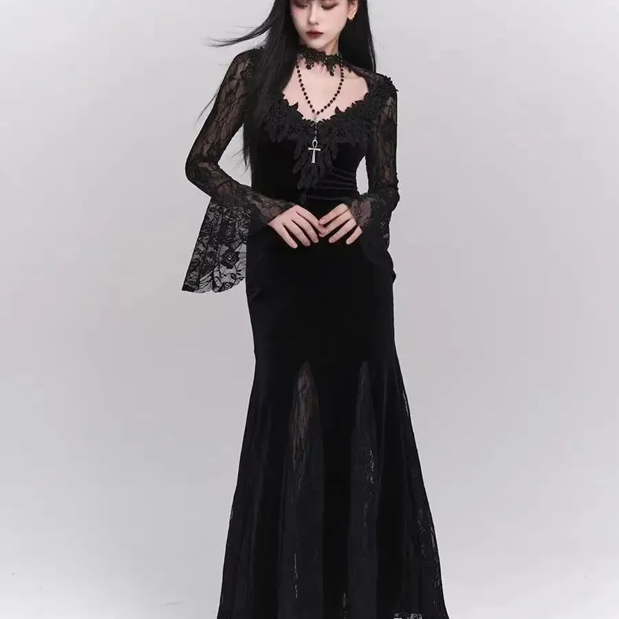 Vinter Gotisk Grunge Spetsklänning Koreansk Modedesign Festival Lång Balklänning Kvinnor Halloween Kostym Sexiga Slimma Festklänningar