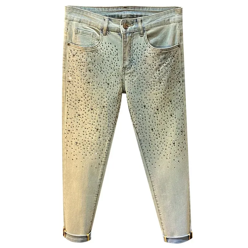Men Jeans Fashion American High Street Black Distressed Rhinestones Sequined Patterns Stretch Skinny Ripped Button Jeans Pants