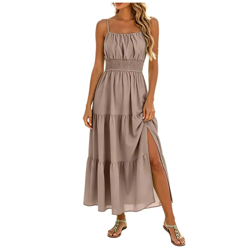 Women's Summer Chiffon Dress Elegant A-Line Double Layer Sexy Sling Dresses Summer Holiday Party Ball Gown Muer Solid Sundress