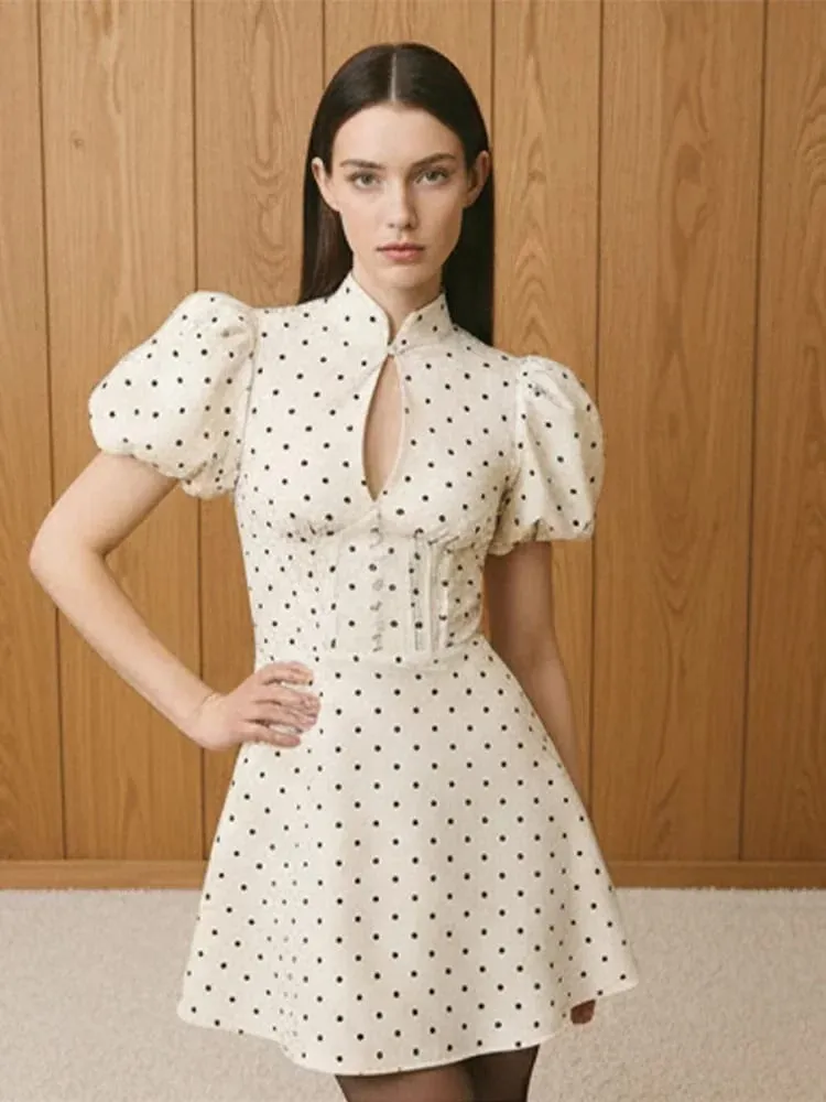 Retro Polka Dot Mini A-line Dress Elegant Stand Collar Puff Short Sleeve Waist-cinching Dresses 2026 New Lady Party Gowns