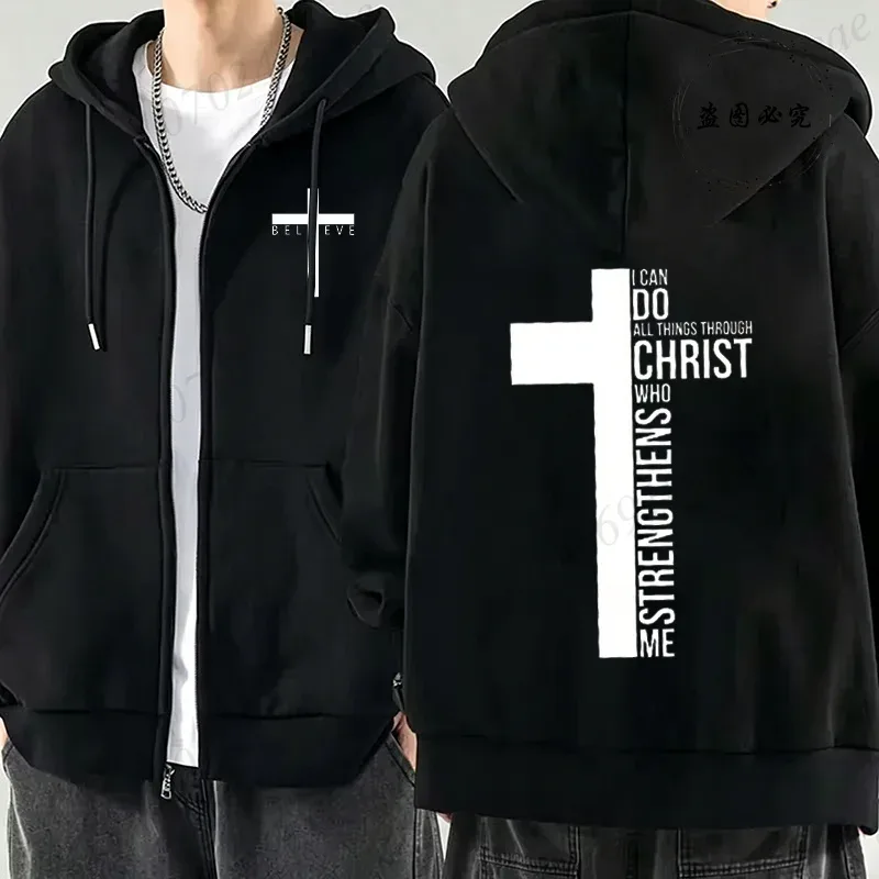 New Fashion Zipper Hoodies Christ Jesus Cross Print Men Hoodies Sweatshirts Fleece Hip Hop Street Hoodie Zip Up Sweatshirts Top
