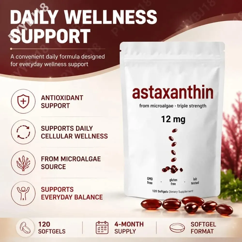 Astaksantin 12mg Mikroalglerden Softgeller Üçlü Mukavemetli Antioksidan Takviyesi Hücresel Sağlık ve Günlük Denge 120 Sayısı