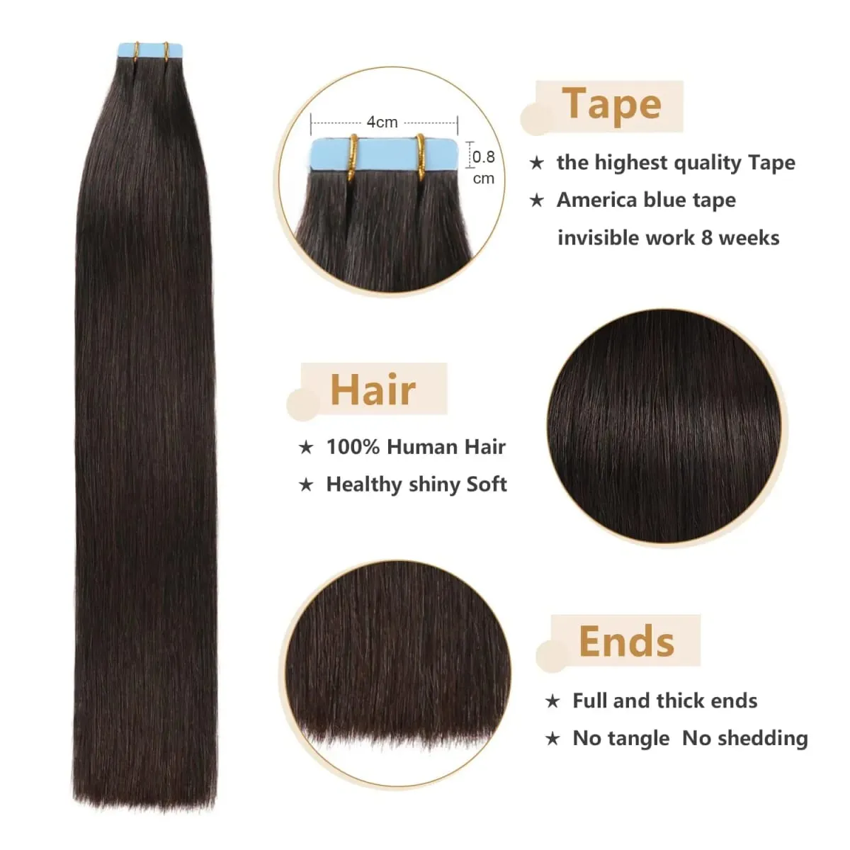 Tape In Hair Extensions 12-20 inch 20 Pcs Set 100% Human Hair Remy Wefts Glue Easy Application for Thin Hair Thick Hair Instant