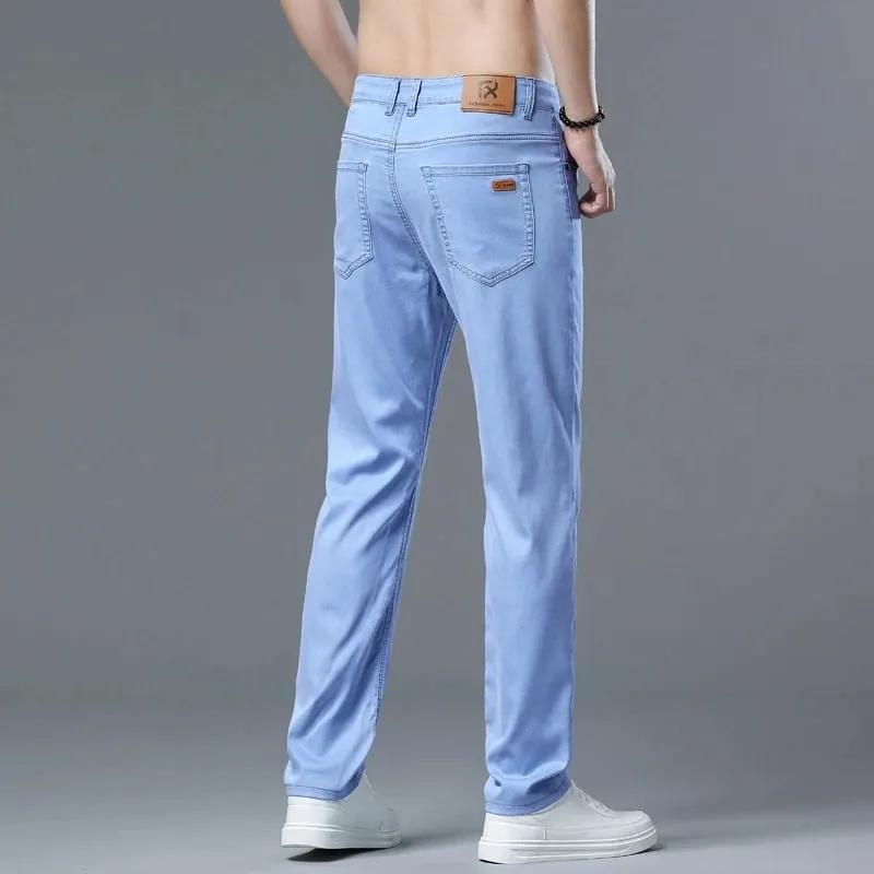 Lyocell Jeans Summer Ultra-Thin Elastic Straight Men's Denim Pants Fashion Korean Soft Drape Cool Business Casual Trousers