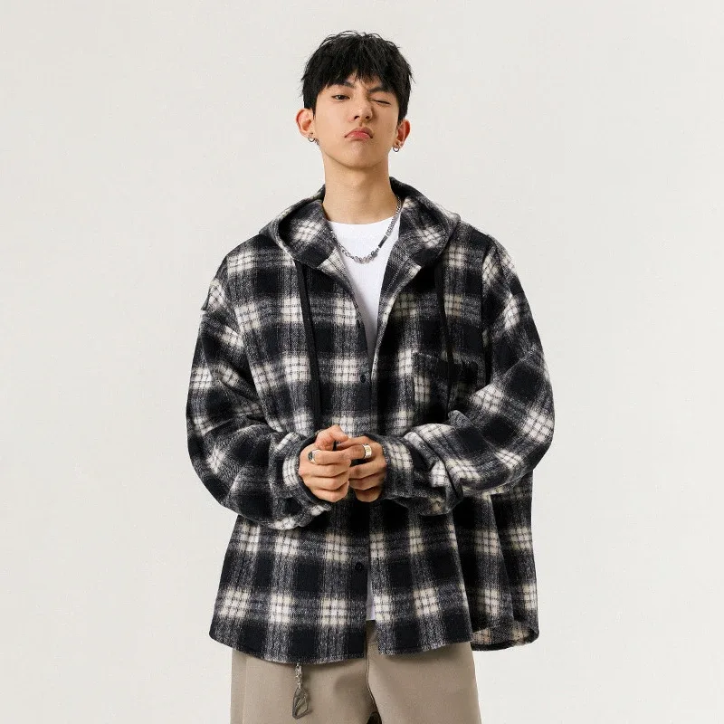 Y2K-Chaqueta holgadas de cuadros con capucha para hombre, cárdigan de talla grande a la moda, ropa de abrigo Vintage coreana, sudaderas con capucha de una botonadura