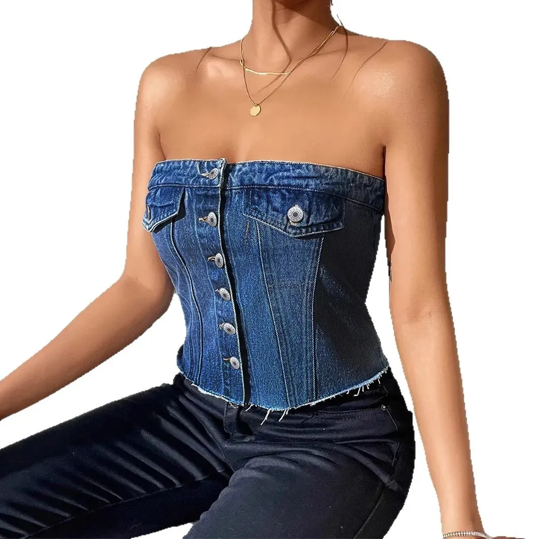 Denim Strapless Top Women Sleeveless Crop Tops Sexy Backless Single Breasted Washed Distressed Streetwear Y2k Camis Tanks Summer