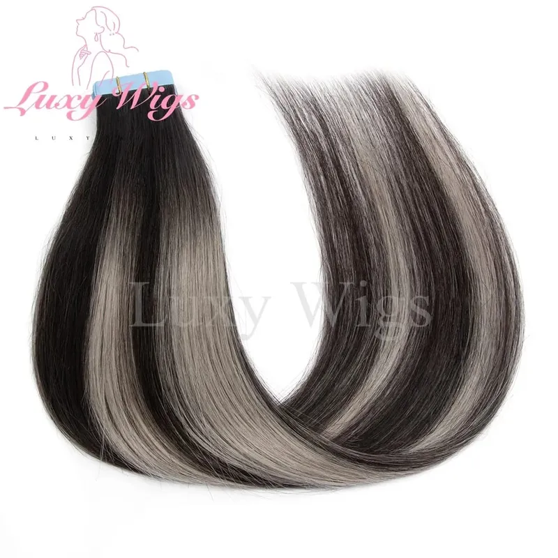 Highlights Gray Tape in Hair Extensions Human Hair Straight Black Blonde Seamless PU Skin Weft Tape In Hair Extensions 20PCS