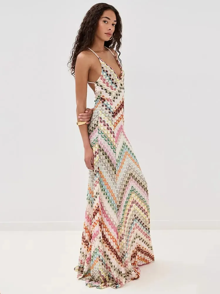 Seksi Baskı V Yaka Halter Maxi Elbise Kadın Yeni Yaz Moda Kolsuz Backless İnce Kulübü Parti Uzun Elbise