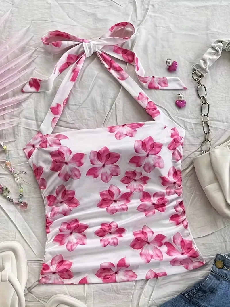 Women's Summer Short Top Pink Floral Camisole Vest Suitable for Vacation Style Girls
