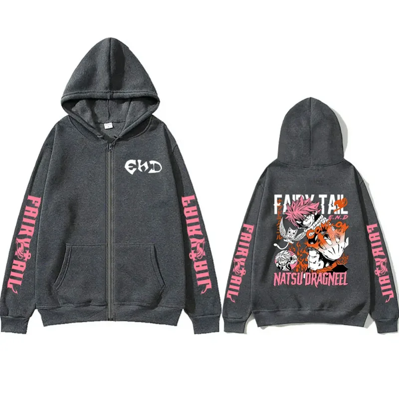 Anime Fairy Tail Zipper Hoodie Manga Natsu Dragneel Graphic Print Zip Up Jacket Coat Men Women Fashion Casual Oversized Hoodies