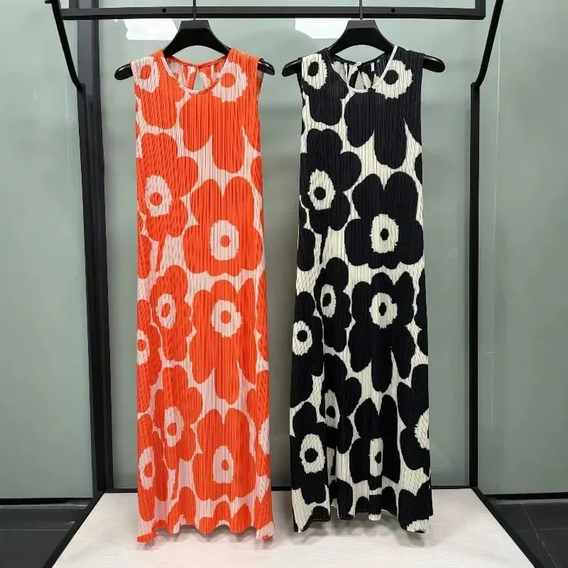 Miyake Pleated Sleeveless Dresses Plisse 2026 Summer New Loose Plus Size Fashion Casual Slimming Pleats Fold Printed Long Dress — image 1